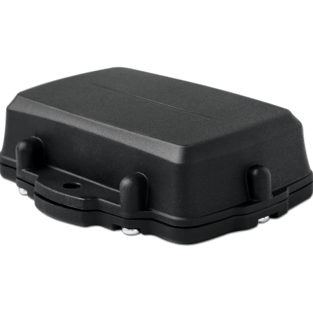 A close-up image of a small, rugged black GPS tracking device with mounting holes, featuring a compact and durable design. The device has a sleek rectangular shape with smooth edges and is set against a solid white background.
