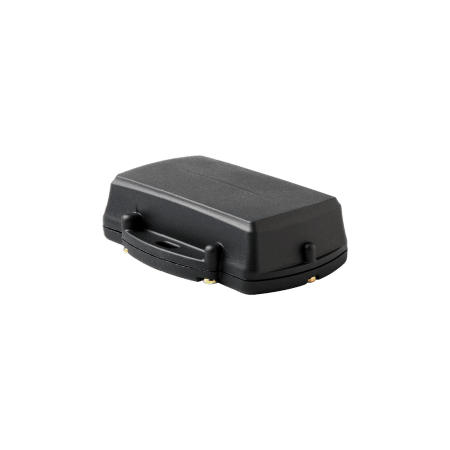 A compact, rugged black GPS tracking device with a durable design, featuring mounting points for secure asset tracking in various environments.