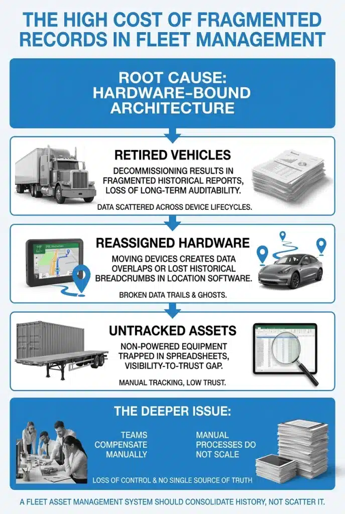 Flowchart infographic: root cause is hardware-bound architecture leading to retired vehicles, reassigned hardware, and untracked assets; deeper issue is manual work, poor scalability, and no single source of truth—fleet-asset-management-system.