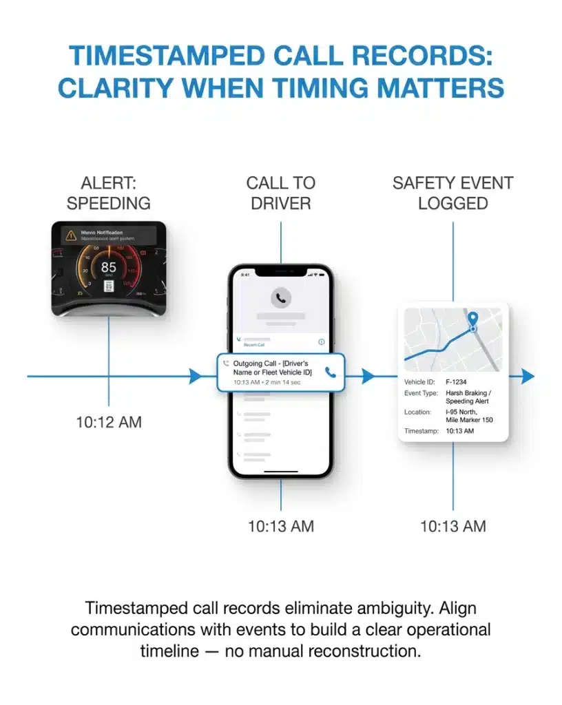 Timestamped driver call record aligned with speeding alert and safety event in a truck driver behavior monitoring system.